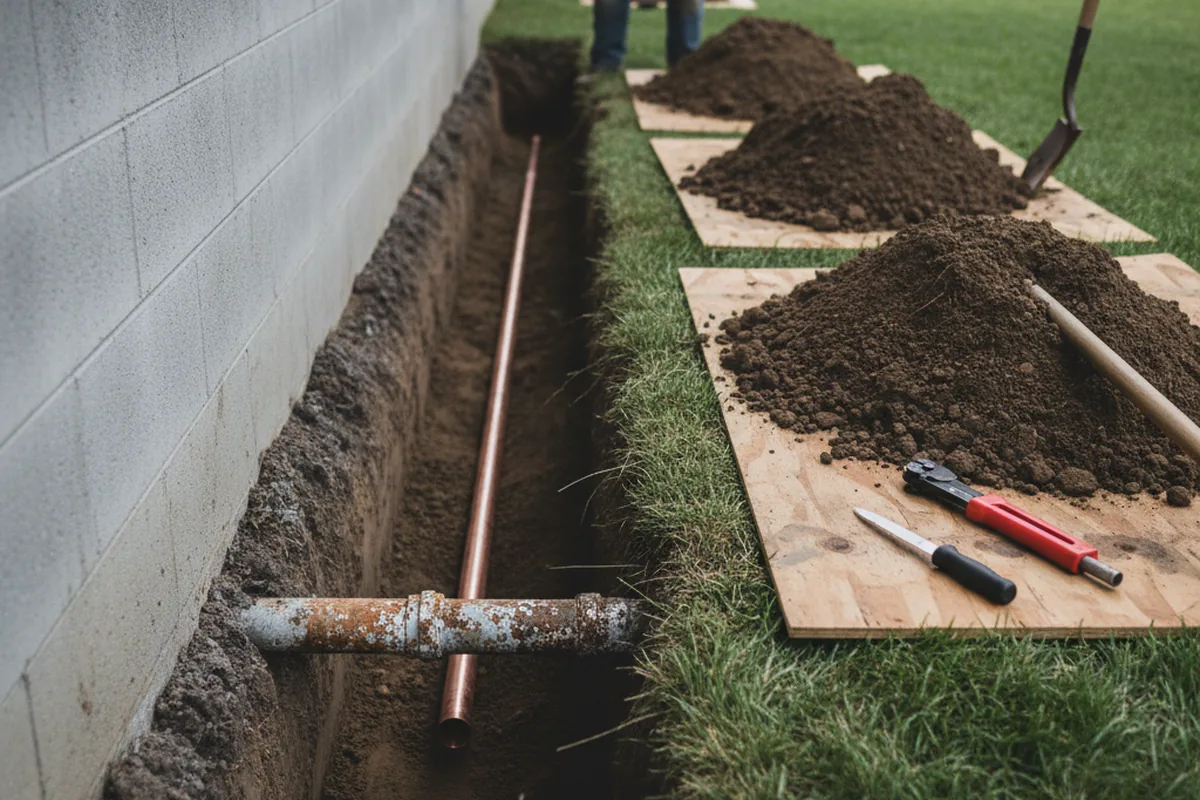 Excavated water line trench during Sewer Line Repair in Murphysboro